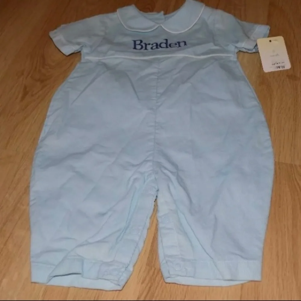Size 3 Months Petit Ami Light Blue Corduroy One-Piece Romper BRADEN Embroidered - Picture 1 of 5